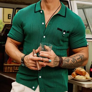 欧美F男士 shirt 商务休闲口袋毛织Polo 针织衫 .Men knitted