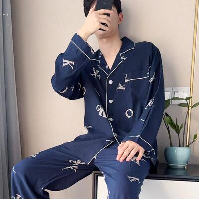 青少年男士轻薄透气居家可外穿绵绸居家服夏季服长袖棉绸睡衣裤套