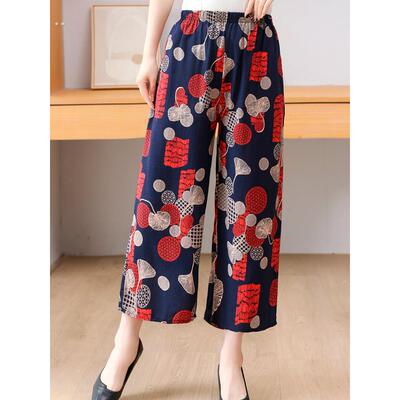 中老年人夏季棉丝薄裤阔腿妈妈裤宽松直筒九分裤奶奶家装