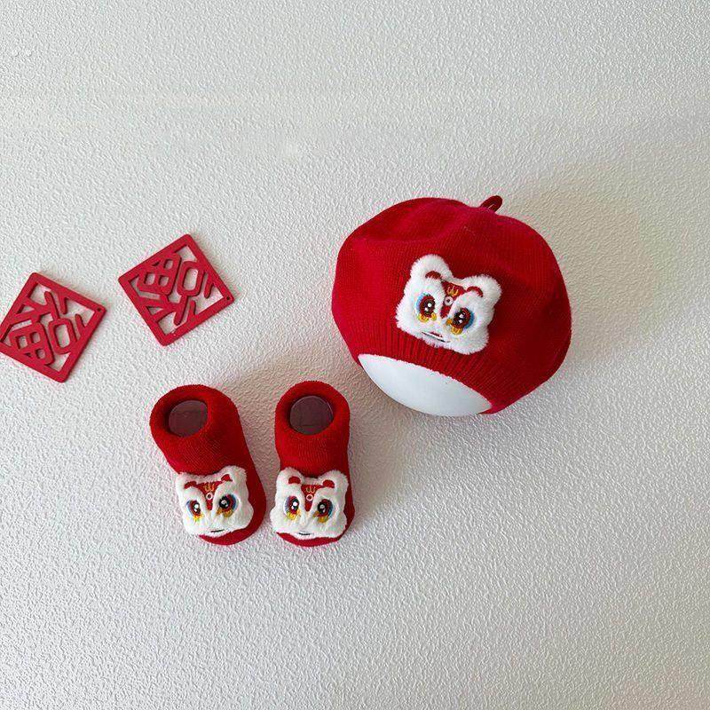 婴幼儿婴儿帽子秋冬男女宝宝红色毛线贝雷帽新年周岁画家针织百天