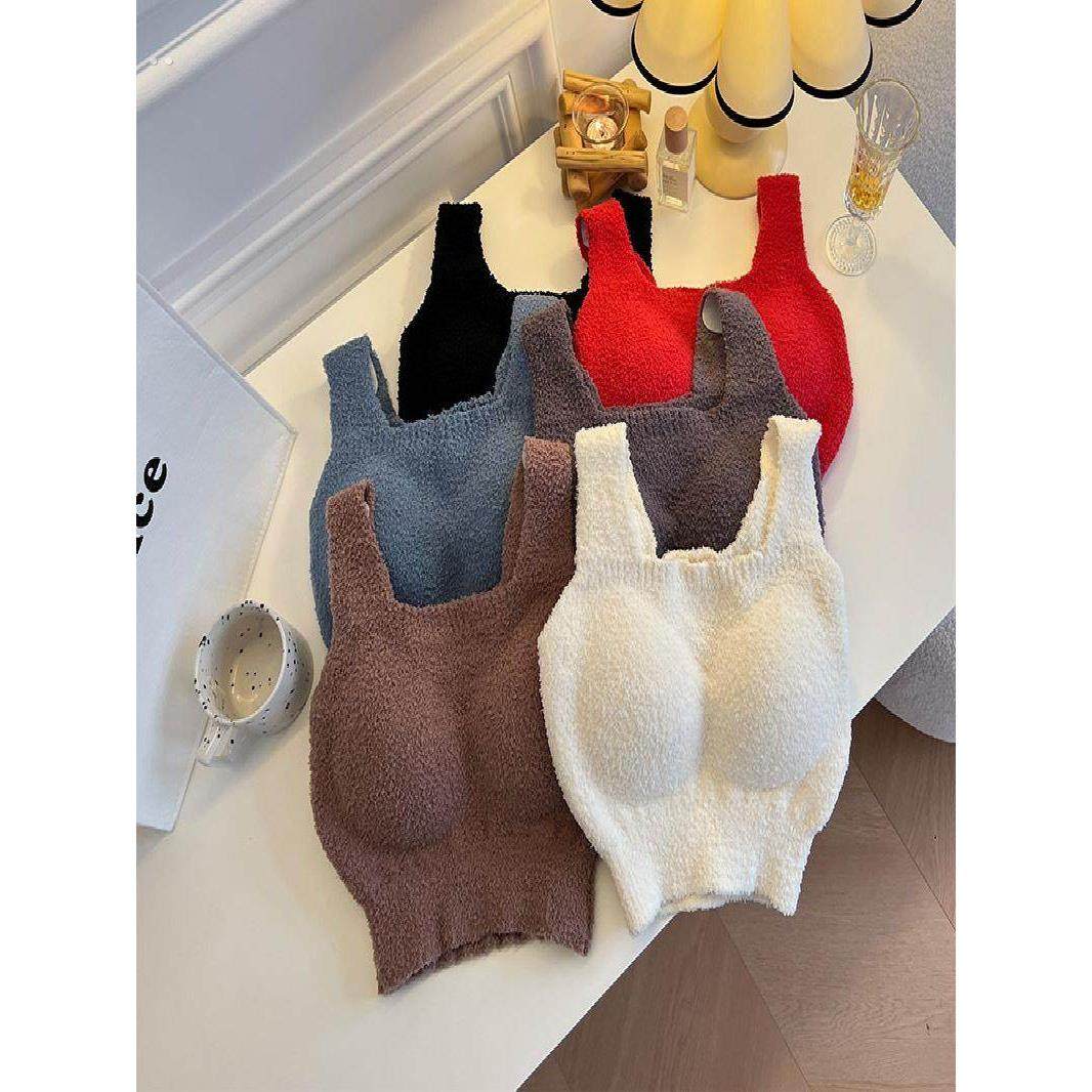 带胸垫加绒吊带背心羊羔绒毛绒保暖打底衫秋冬免穿文胸一体式内搭