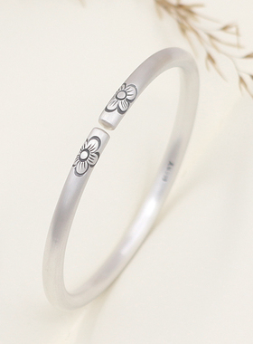 999纯银手工古法银手镯女年轻款简约实心开口刻字镯子送女友妈妈