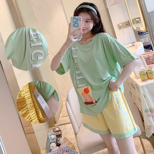 夏季短款纯棉怀孕期睡衣绿色孕妇外穿套装产后宽松喂奶月子服薄款