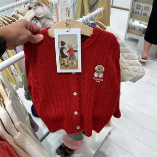 韩国童装 25春新款女童宝宝红色洋气麻花纹毛衣开衫 纯棉针织外套