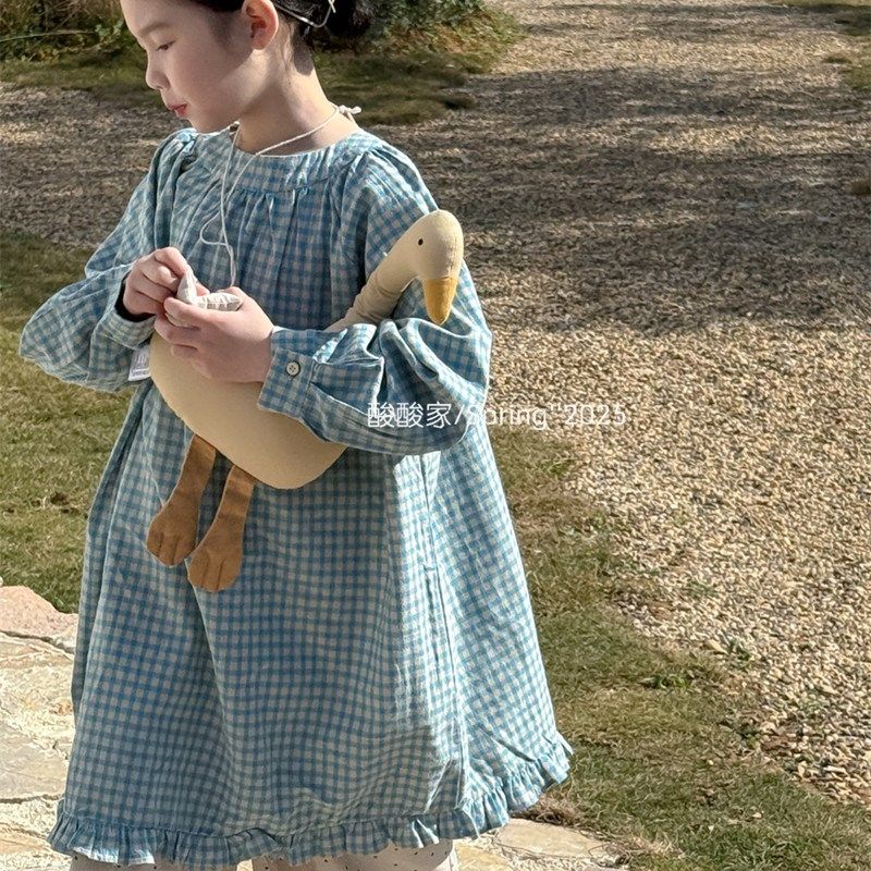 女童蓝色花边格子长袖连衣裙春季新品韩系女宝宝纯棉休闲宽松罩衫