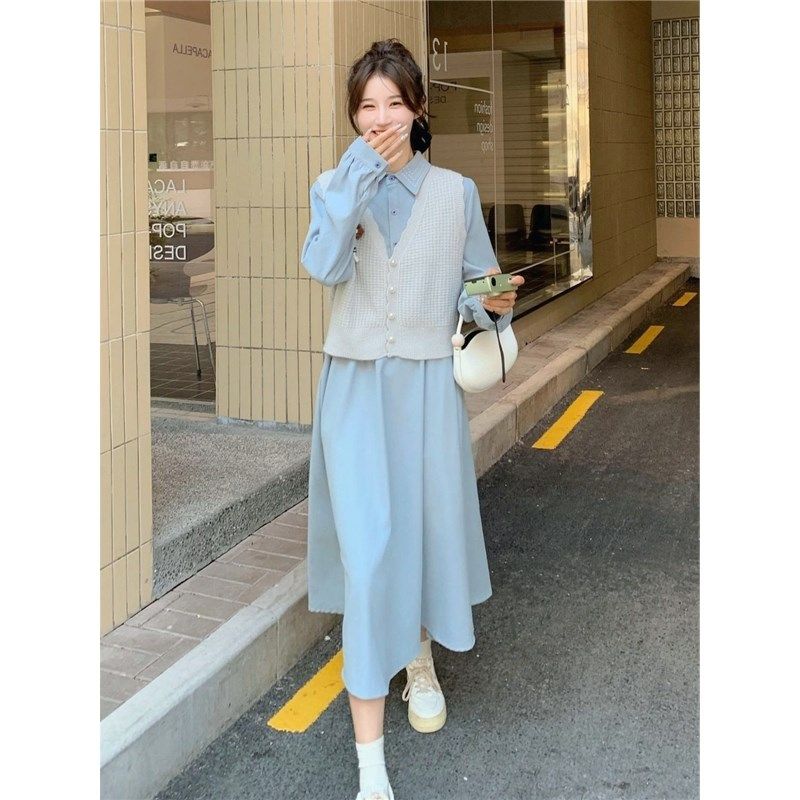 春秋新款女装套装韩系学院风针织开衫马甲背心叠穿连衣裙子两件套