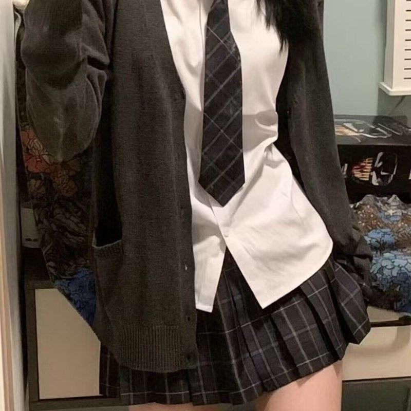 【三件套装】春秋学院风复古薄款针织开衫外套女韩系高腰百褶裙潮