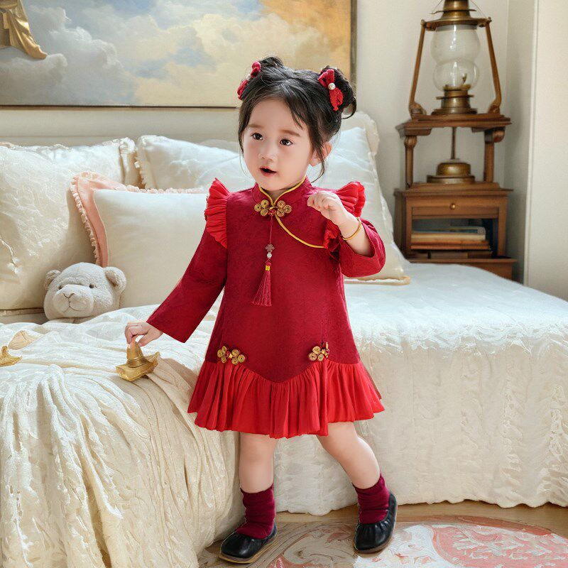 周岁女宝礼服春秋款新中式生日宴衣服红色抓周婴儿夏季女童公主裙