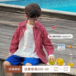 虾酱麻麻男童格子衬衫长袖春装2025新款男孩衬衣红色纯棉儿童外套