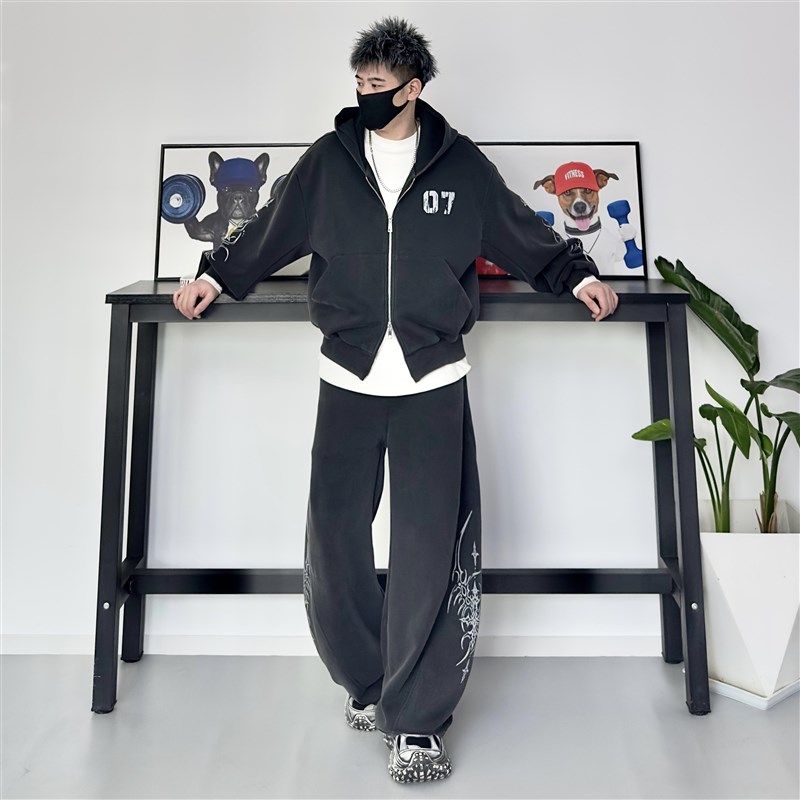 商一套美式复古重磅连帽卫衣男春秋款潮牌宽松休闲运动开衫外套潮