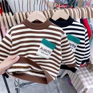 男童一体绒保暖打底衫儿童毛衣秋冬加绒童装2024新款半高领黑条纹