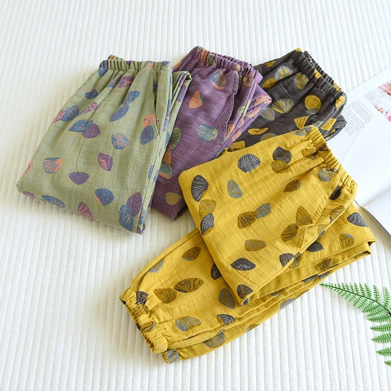 春秋夏季纯棉睡裤女士全棉色织纱布长裤沙滩裤防蚊裤宽松居家薄款