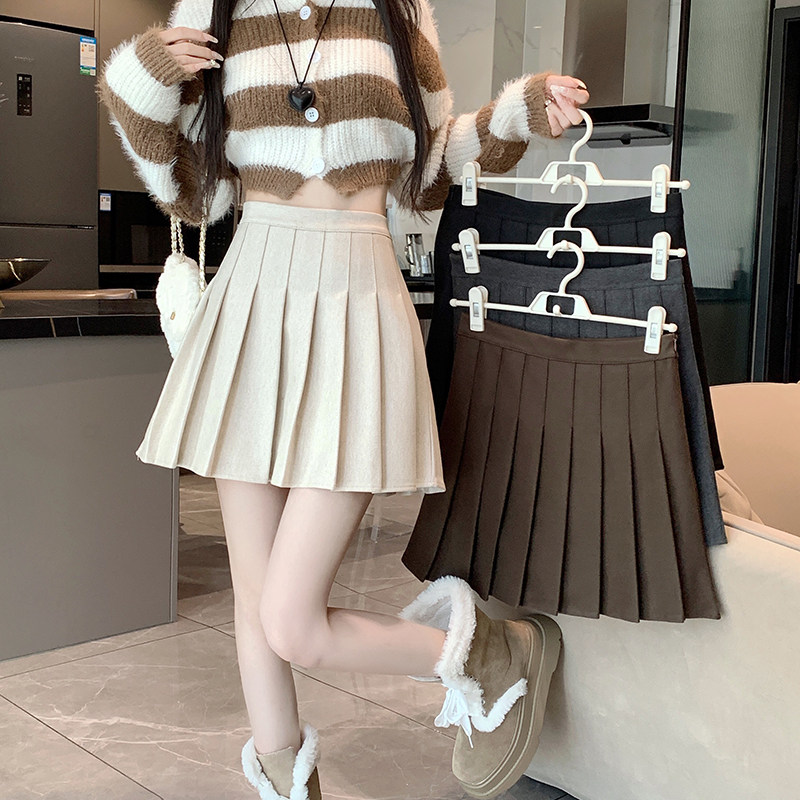 咖色毛呢百褶裙半身裙女2023秋冬大尺码呢子短裙加厚高腰a字显瘦