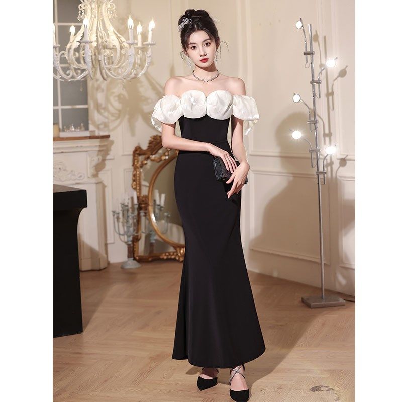 一字肩露肩晚礼服赫本风高级感宴会主持人法式鱼尾连衣裙成人礼秋,女装/女士精品,礼服/晚装,淘宝优惠券,粉丝福利购,淘宝优惠卷