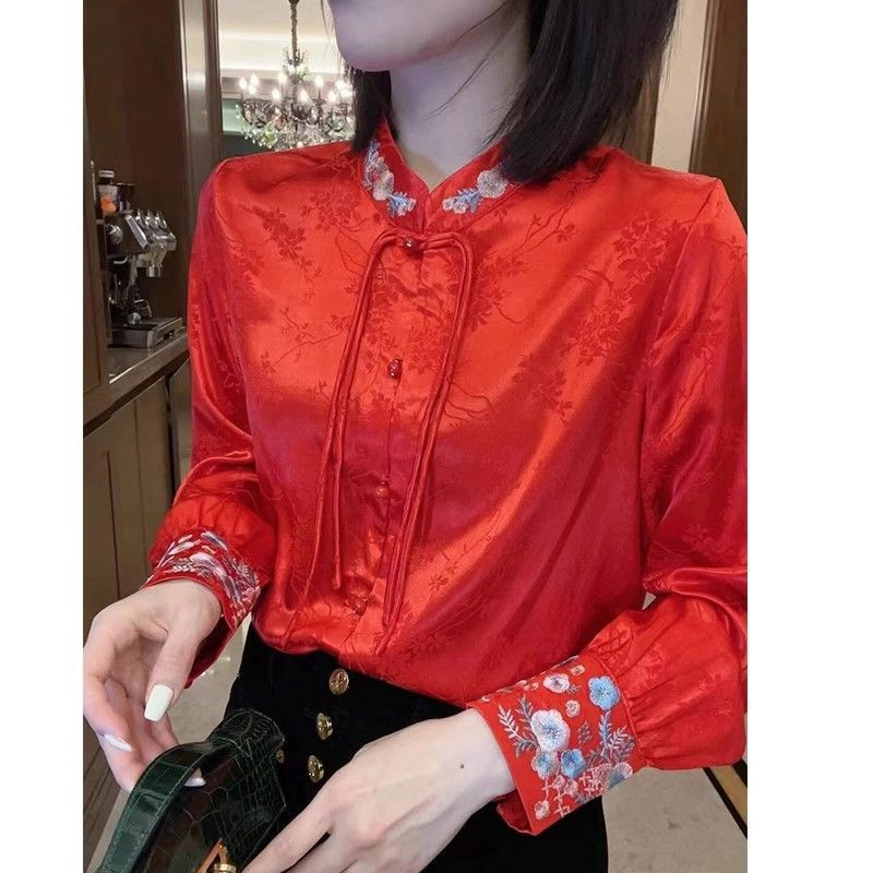 红色刺绣复古文艺长袖女装2024春秋新款禅意盘扣唐装改良汉服上衣
