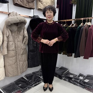 高档妈妈新中式重工刺绣民族风时尚丝绒小衫女气质显瘦洋气套装