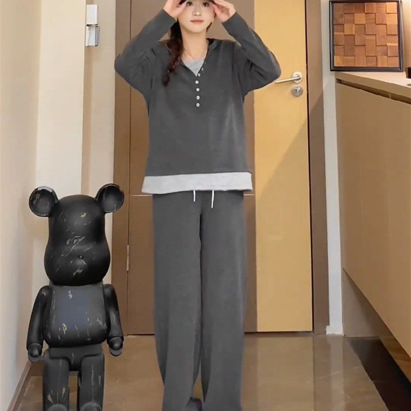 孕妇套装春秋时尚长袖连帽假两件上衣阔腿裤休闲百搭两件套2024女,孕妇装/孕产妇用品/营养,套装,淘宝优惠券,粉丝福利购,淘宝优惠卷