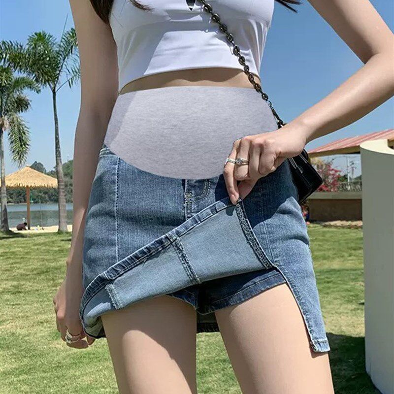 孕妇开叉牛仔半身裙夏季薄款外穿托腹包臀有内衬a字开叉裤裙短裙