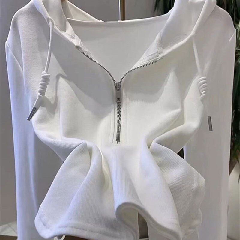 连帽卫衣女长袖2024年春装新款短款白色帽衫春秋薄款拉链t恤上衣