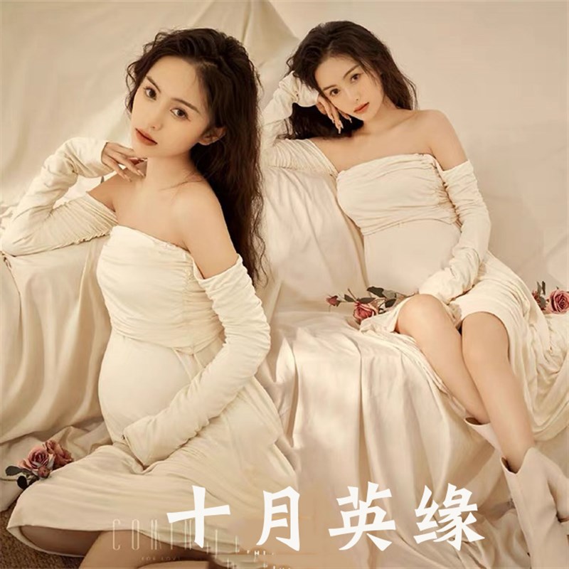 孕妇照服装影楼新款法式复古居家氛围感孕妈咪修身大肚拍照连衣裙