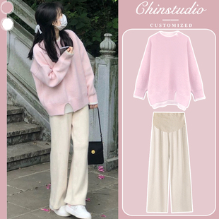 孕妇秋装套装2023新款休闲洋气时尚裤子两件套小个子孕妇毛衣秋冬