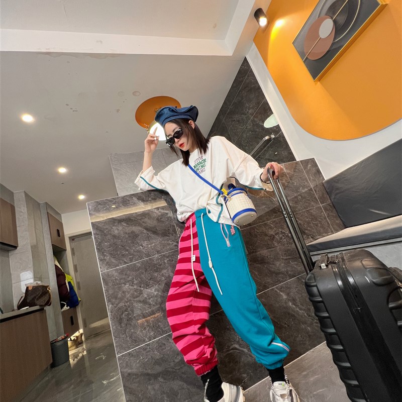 新款撞色宽松束脚卫裤春秋大码纯棉运动休闲裤条纹拉链裤子女