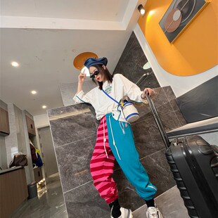 条纹拉链裤 新款 纯棉运动休闲裤 春秋大码 子女 撞色宽松束脚卫裤