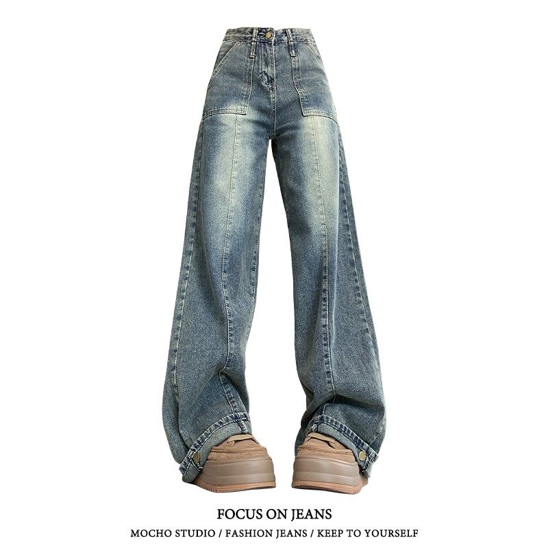 美式复古阔腿牛仔裤女秋冬款高腰宽松显瘦垂感设计感高街直筒长裤