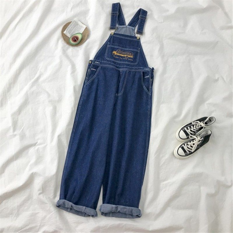 牛仔背带裤女秋季2021新款韩版宽松刺绣学生日系复古小个子阔腿裤,女装/女士精品,牛仔裤,淘宝优惠券,粉丝福利购,淘宝优惠卷