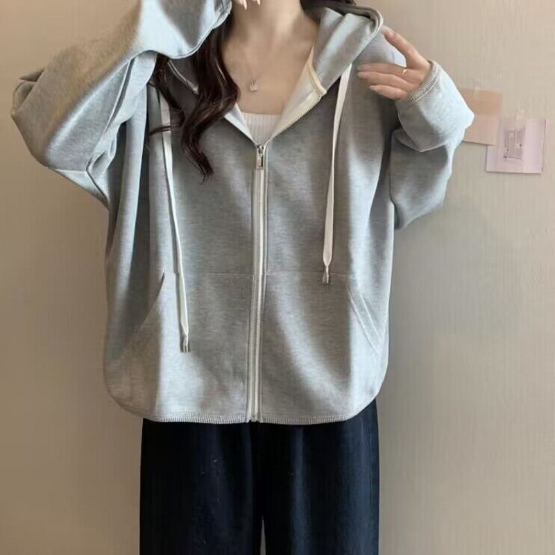 bf慵懒风拉链开衫连帽卫衣女春秋季薄款宽松大码韩版休闲上衣外套