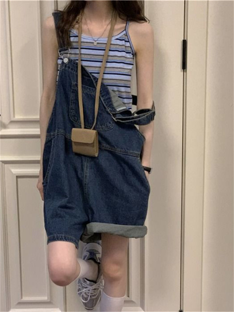 复古牛仔裤背带裤女2024年夏季新款韩版减龄宽松阔腿裤小个子短裤