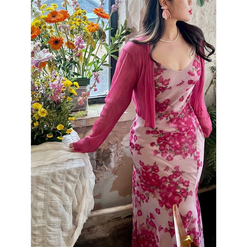 肉卷家微胖大码女装碎花法式显白显瘦胖mm收腰套装吊带连衣裙开衫