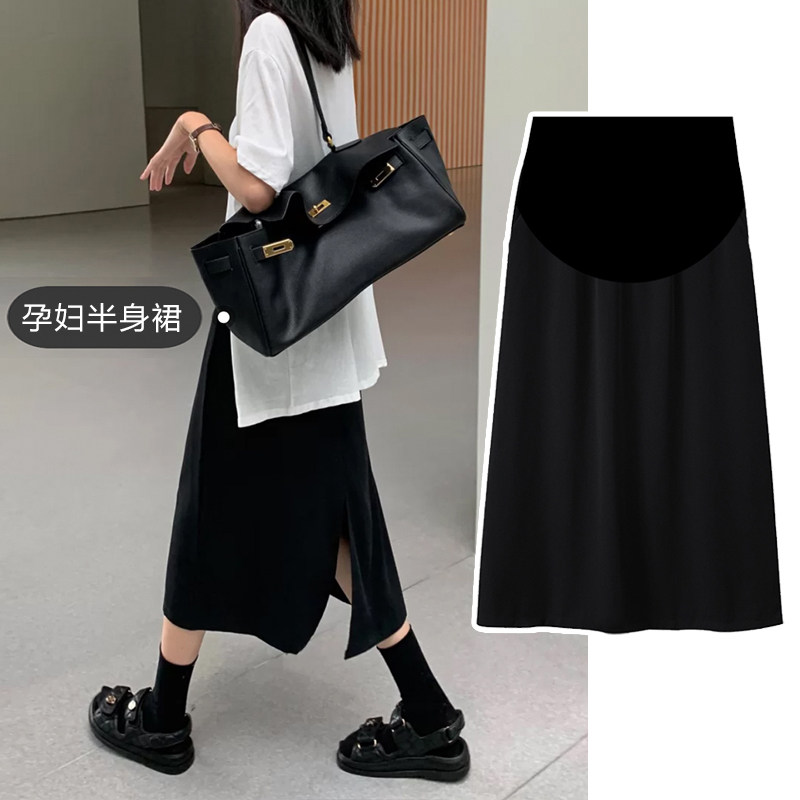 孕妇半身裙夏季薄款时尚休闲中长款后开叉黑色雪纺A字垂感半身裙