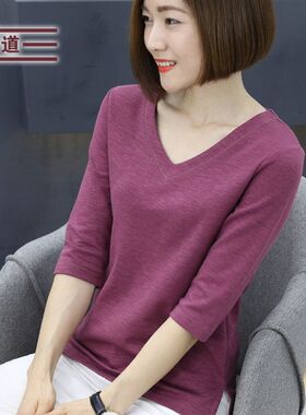 深色竹节棉中袖上衣女士大码宽松中年V领打底衫妈妈纯棉七分袖T恤