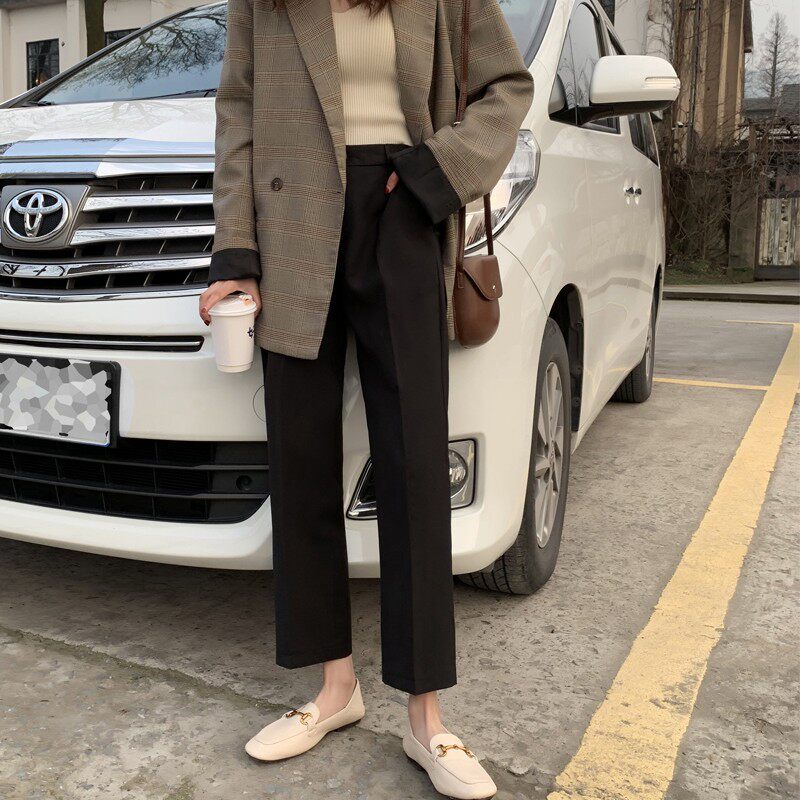学生宽松坠感烟管裤女秋冬2021新款黑色裤子大码九分裤直筒西装裤