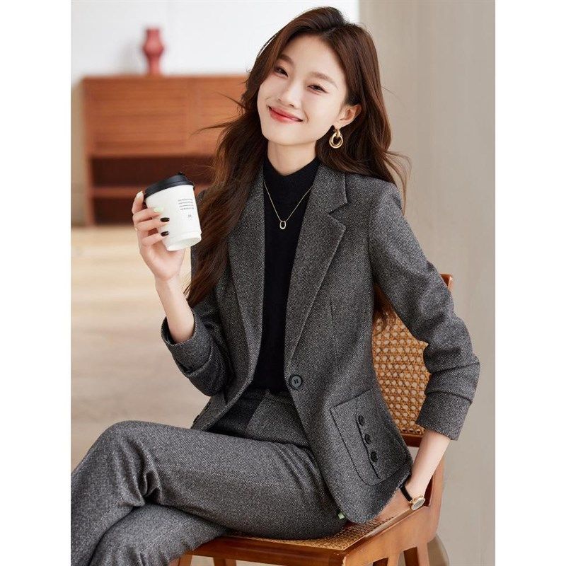 灰色毛呢西装外套女秋冬加厚高级正装小个子通勤呢子职业西服套装