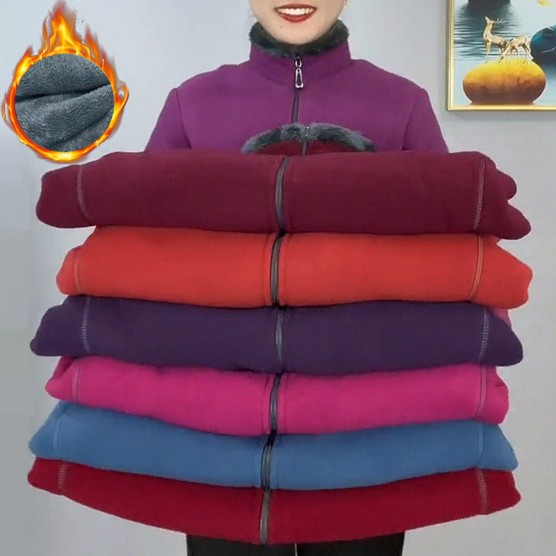 中年妈妈秋冬款女装休闲摇粒绒加绒加厚卫衣中老年人防寒保暖外套