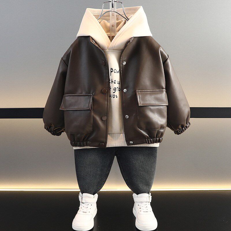 男童皮衣卫衣两件套春秋2024新款儿童秋装帅气时髦潮男宝早秋外套