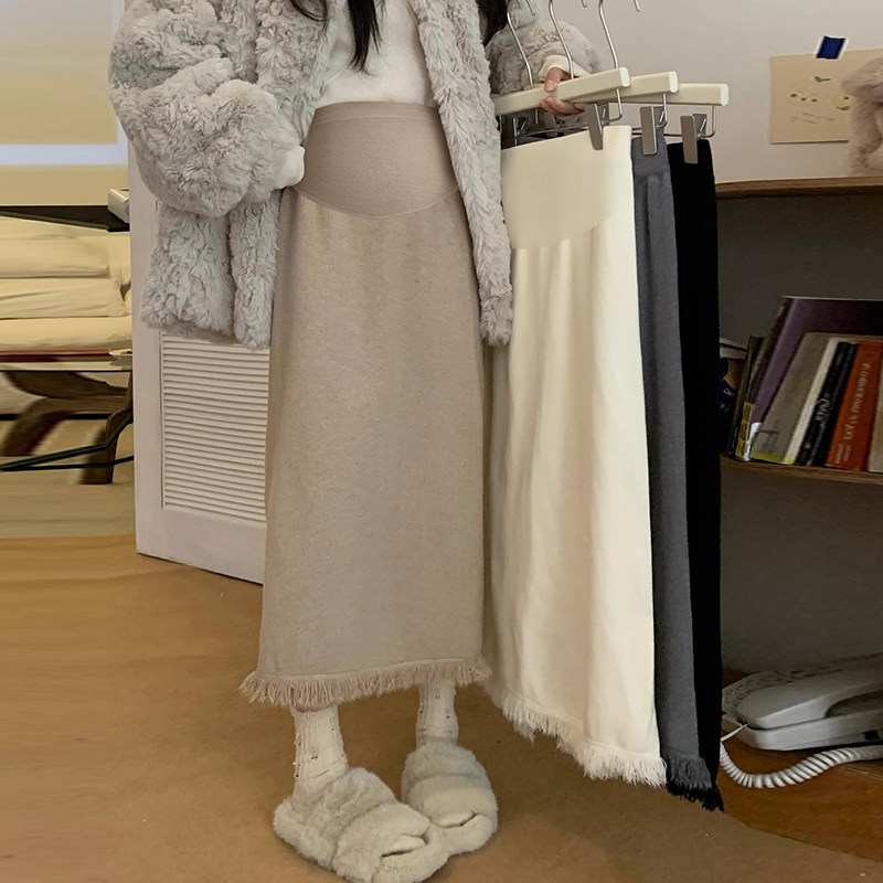 孕妇裙秋冬装外穿宽松慵櫴风中长版加厚针织流苏孕妇半身裙A字裙