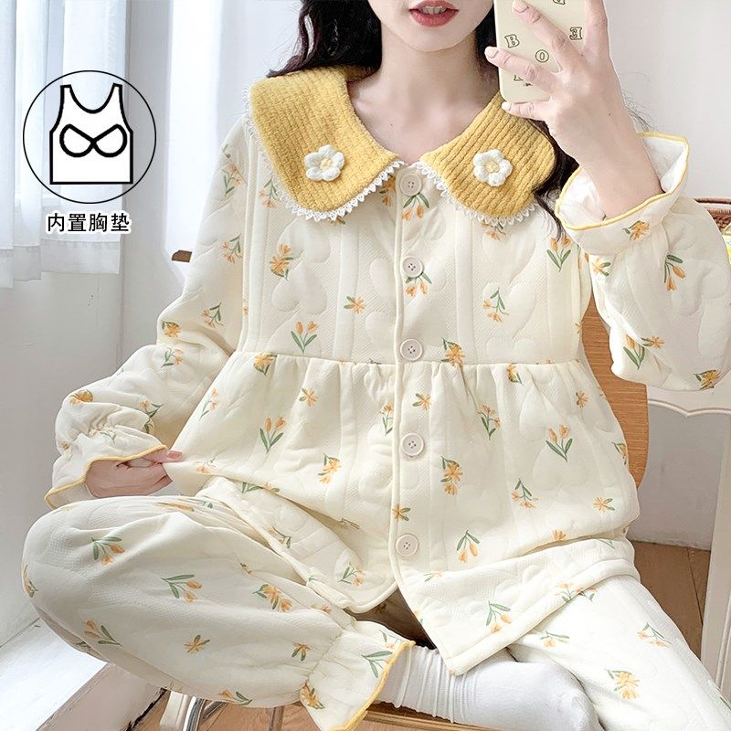 秋冬空气棉月子服孕妇哺乳睡衣带胸垫产后纯棉大码加厚保暖冬套装