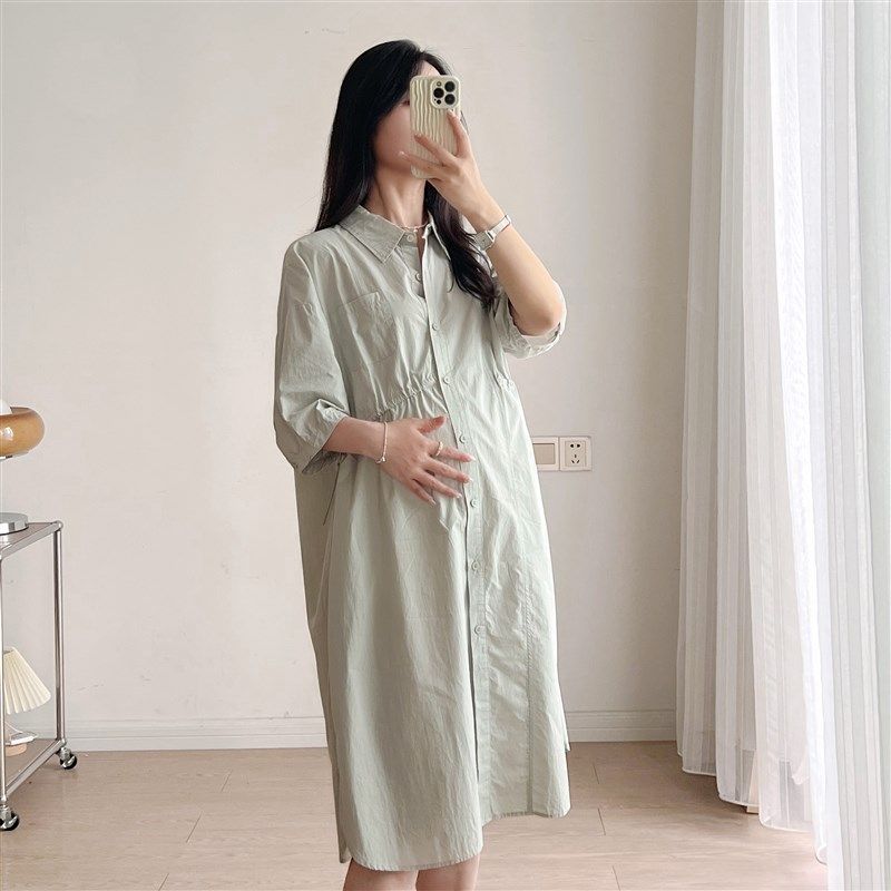 孕妇连衣裙轻奢高级感夏款2025新款小个子夏季大码夏装职业衬衫裙