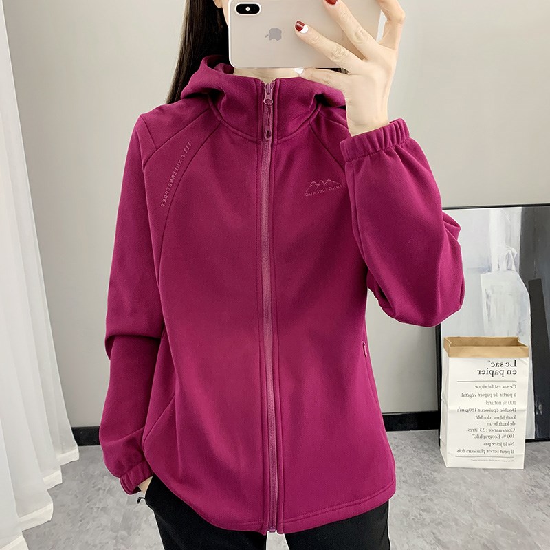 大码抓绒衣女秋h冬加绒加厚连帽冲锋衣外套女中老年摇粒绒开衫上