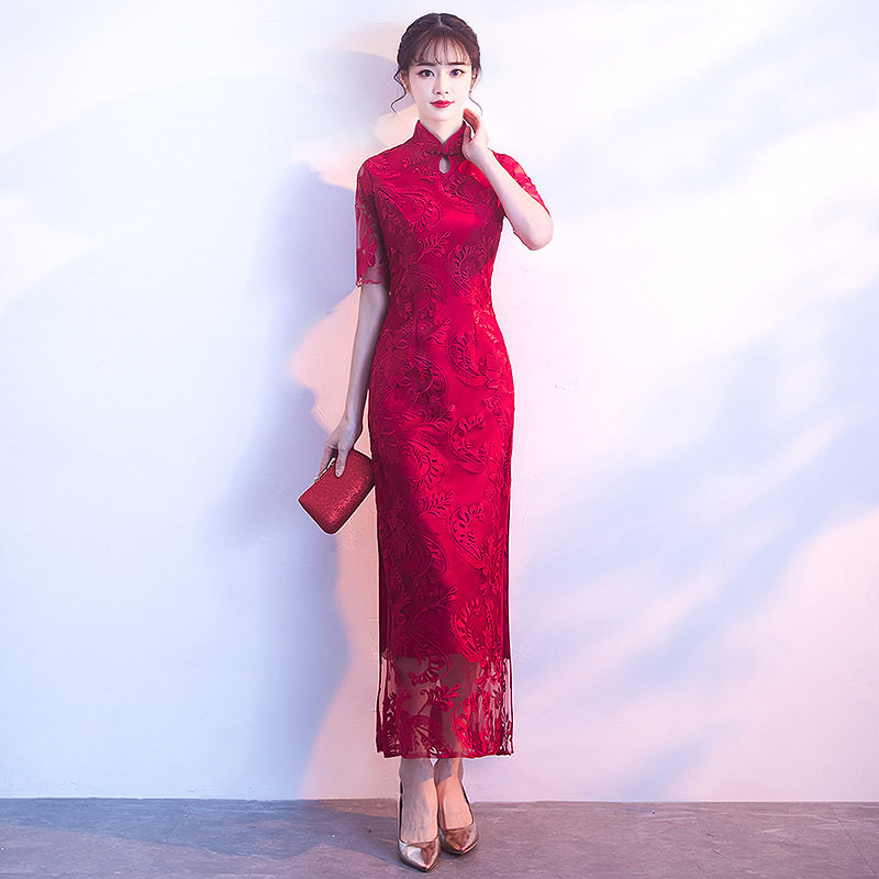 红色新娘敬酒服旗袍2023新款修身长版复古中国风中式结婚礼服裙女