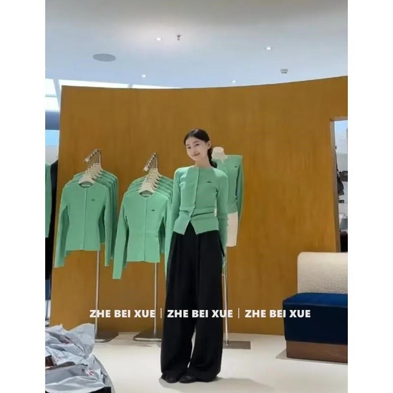 一整套ootd穿搭韩版绿色针织开衫上衣西装阔腿裤2025超火两件套装