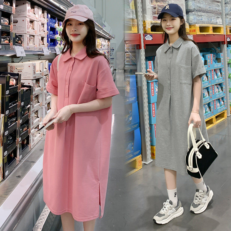 孕妇夏装连衣裙中长款2023新款甜美洋气孕妇装宽松翻领T恤孕妇裙
