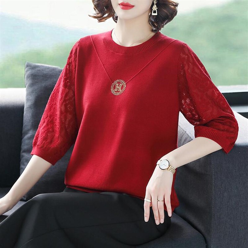 中年春夏装大码女装上衣宽松胖妈妈T恤七分袖冰丝针织打底衫遮肚