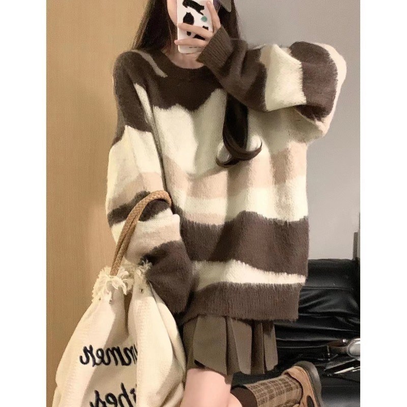 大码胖mm日系复古条纹毛衣女秋冬外穿宽松慵懒风温柔软糯针织上衣