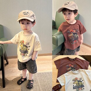 男童卡通恐龙短袖T恤夏季潮牌上衣儿童纯棉杏色半袖衣服宝宝夏装