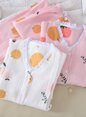 月子服纯棉绉布孕产妇睡衣夏薄款棉纱V领哺乳服产妇喂奶衣家居服