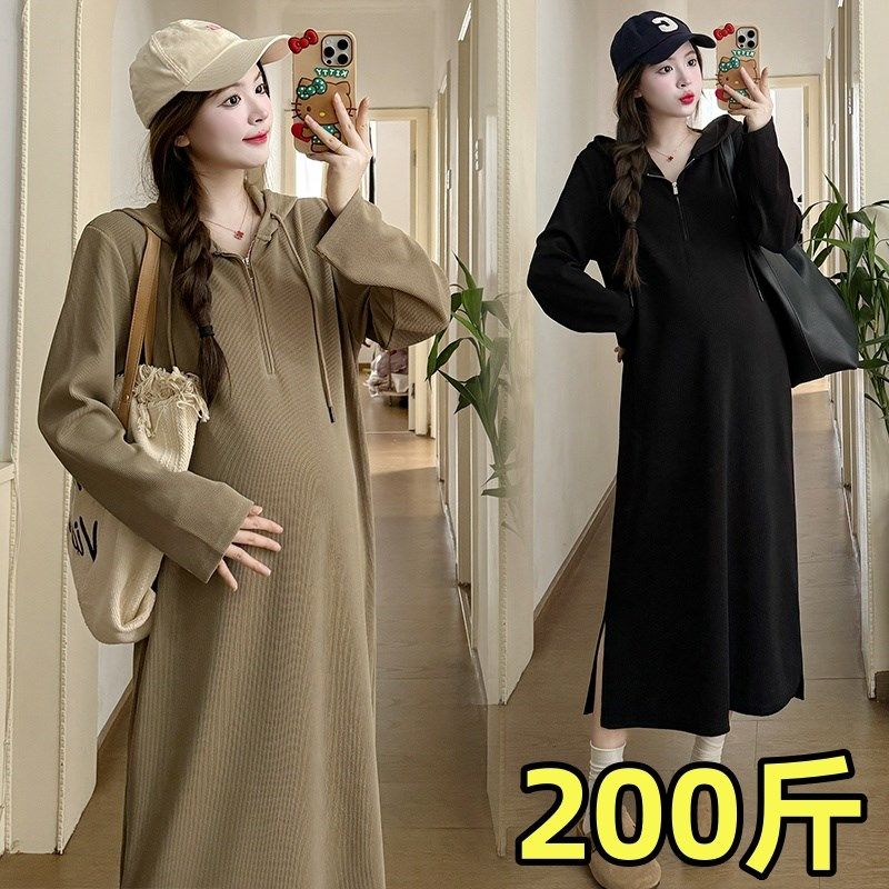 大码孕妇连帽连衣裙春秋装宽松时尚韩版长裙胖MM过膝打底衣200斤